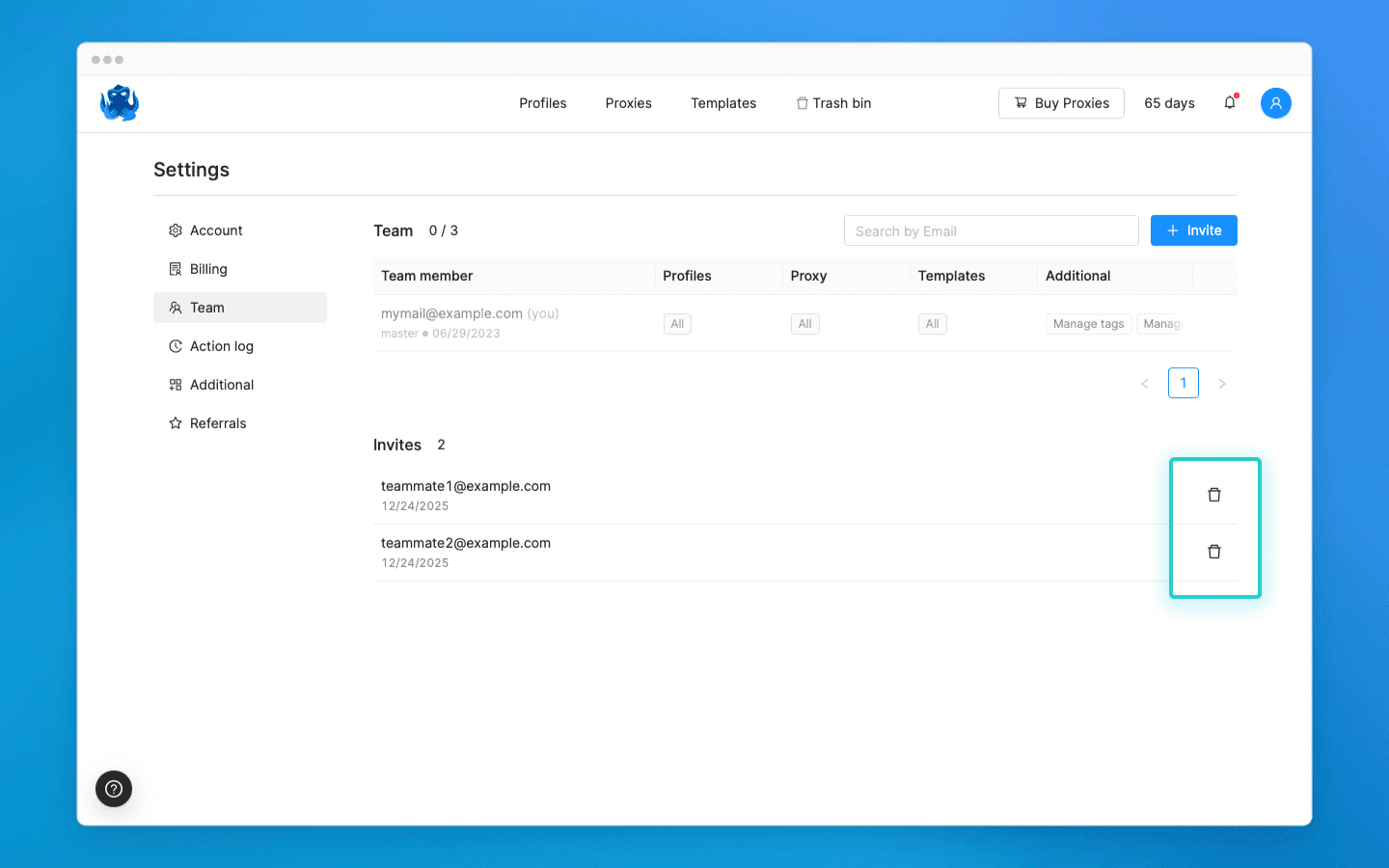 Excluindo convites de equipe