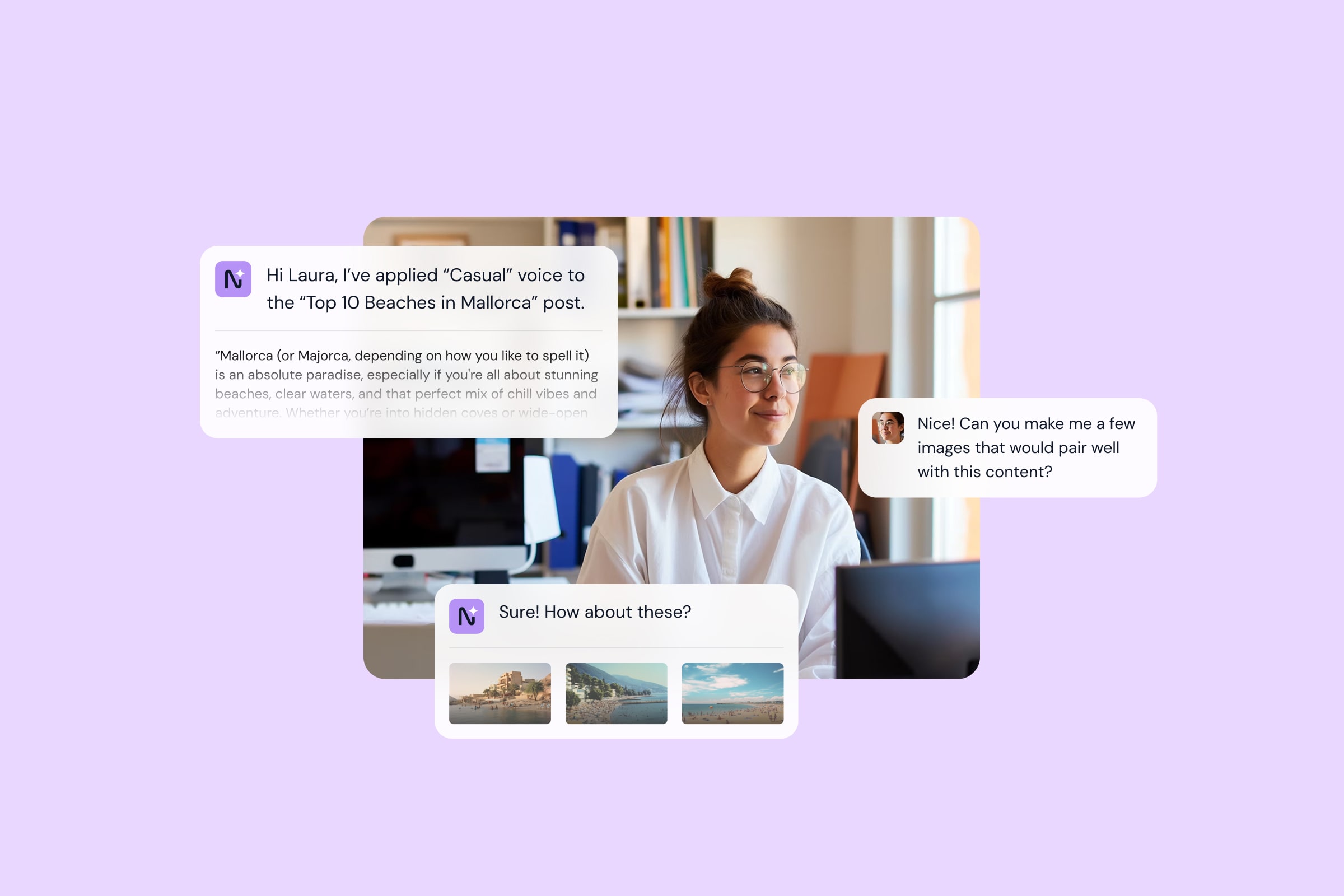 Content creator at desk with Neonify AI chat bubbles showing brand voice application, content generation and image suggestions for a Mallorca beaches blog post