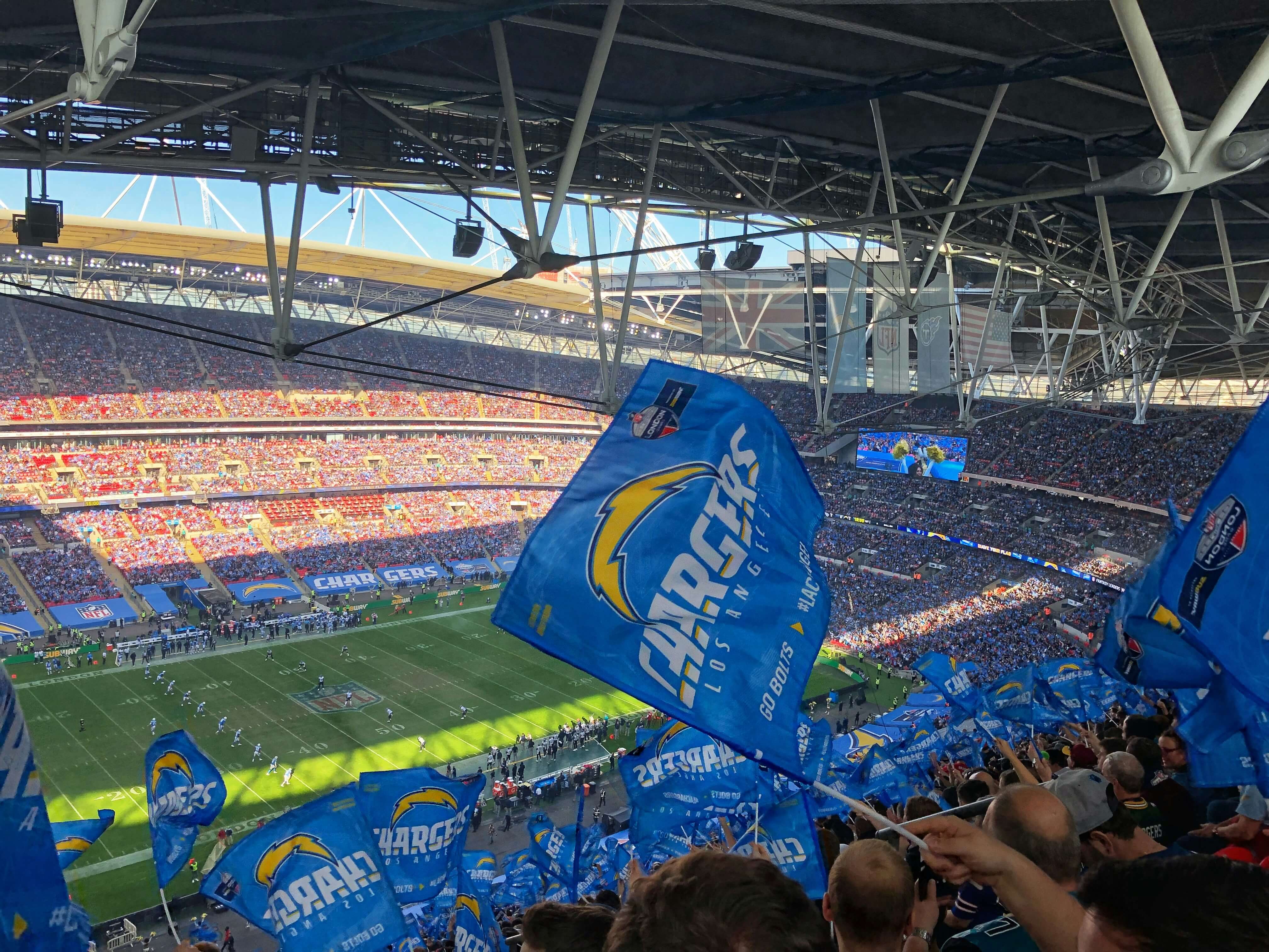 Los Angeles Chargers flags, football, stadium