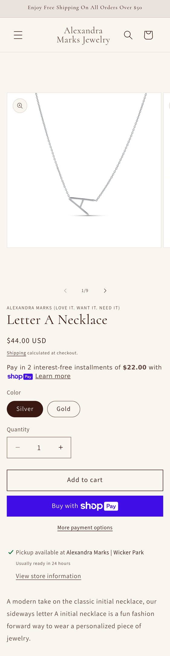 Jewelry product options include: necklace for Letter A Initial Necklace from Alexandra Marks Jewelry.
