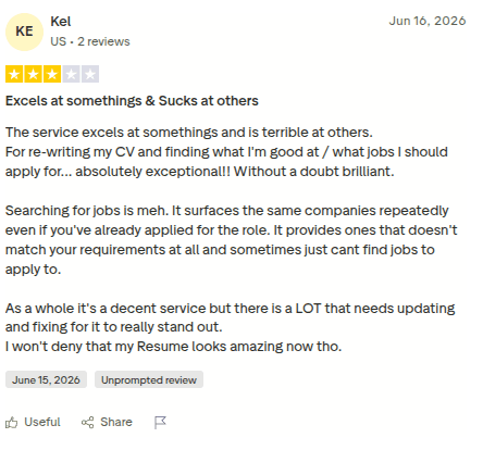 3-star Jack and Jill Trustpilot review praising CV rewriting but criticising job search