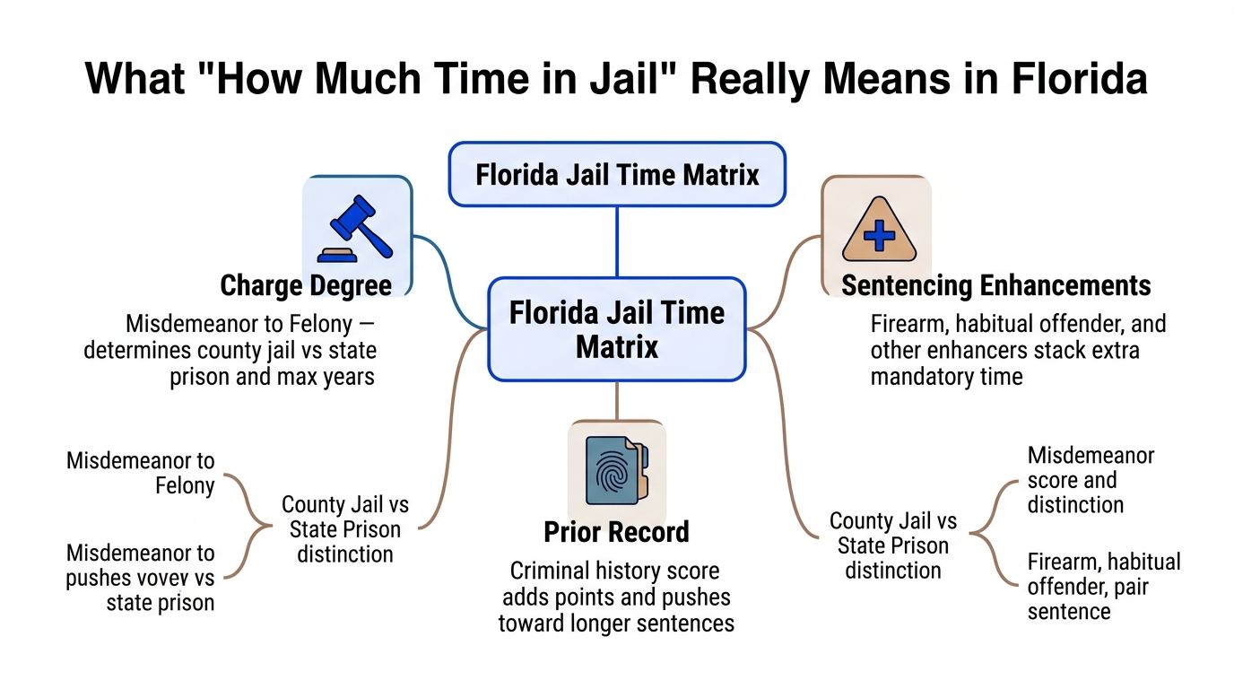 A diagram explaining factors in the Florida jail time matrix, including charge degree, prior records, and sentencing enhancements.