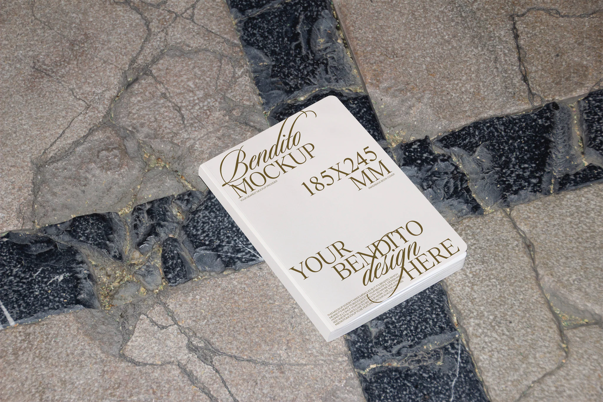 Book cover in a black and white color scheme with bold typography and abstract line art, resting on a marble floor near a metal base.