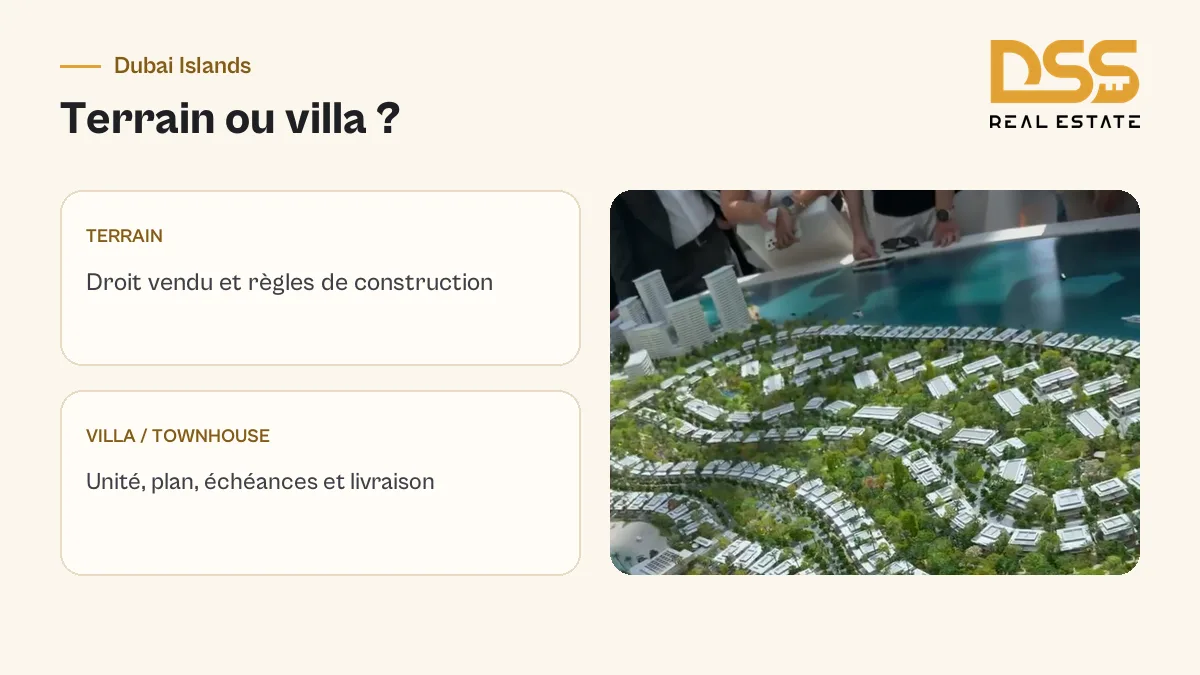 Comparaison terrain et villa à Dubai Islands : droit de la parcelle, règles de construction, unité contractuelle, échéances et livraison