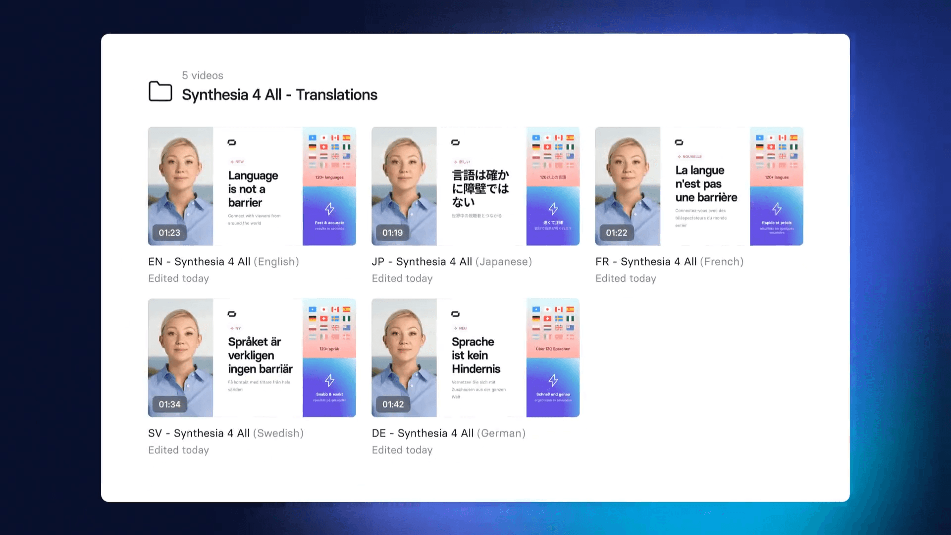 Afbeelding van vertalingen folder op hetSynthesia AI platform
