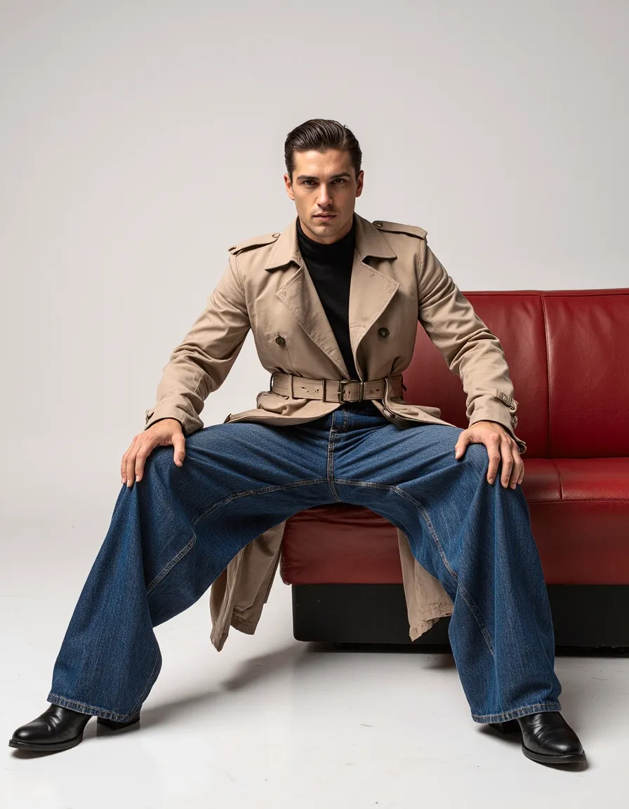 Man in beige trench coat and black turtleneck sitting on red leather chair, professional fashion photography