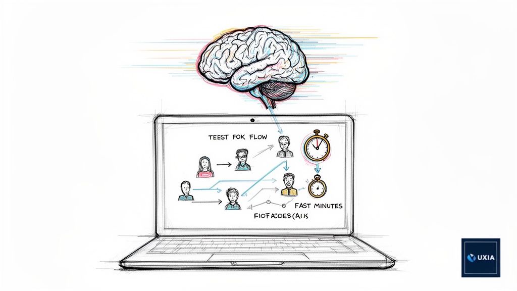 A hand-drawn brain connected to a laptop screen displaying a workflow diagram with people and stopwatches.