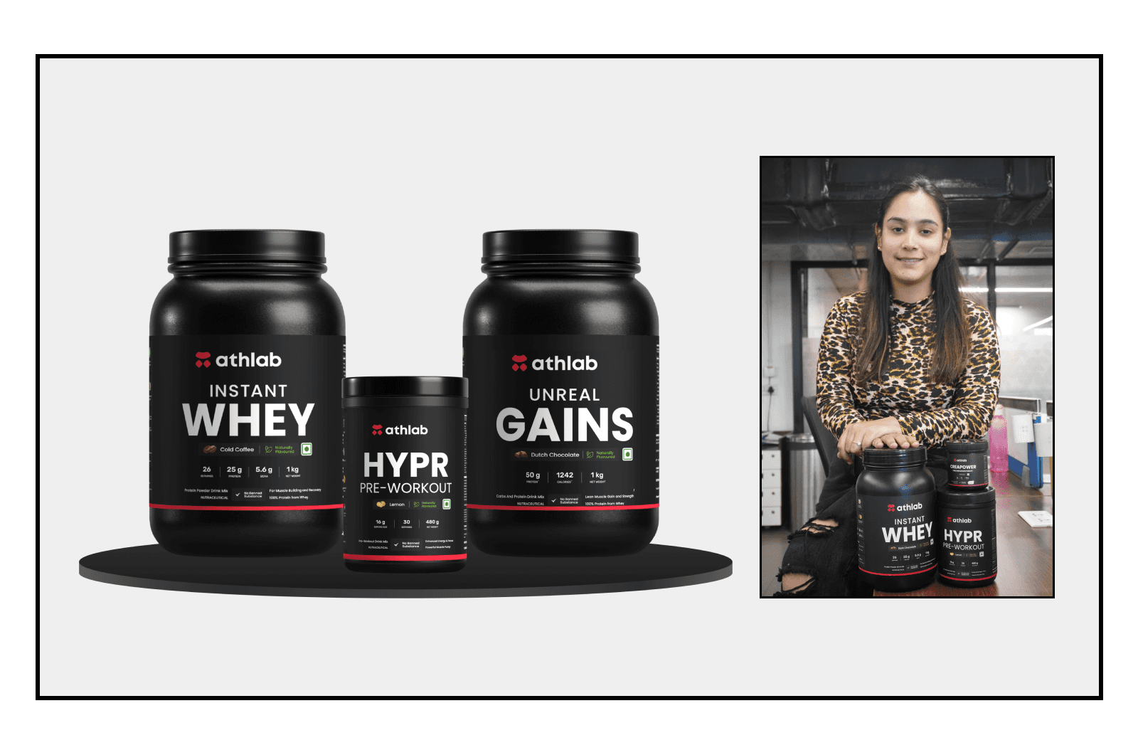 Athlab supplements featuring Instant Whey, Hypr Pre-Workout, and Unreal Gains. A woman holds the products in an office setting