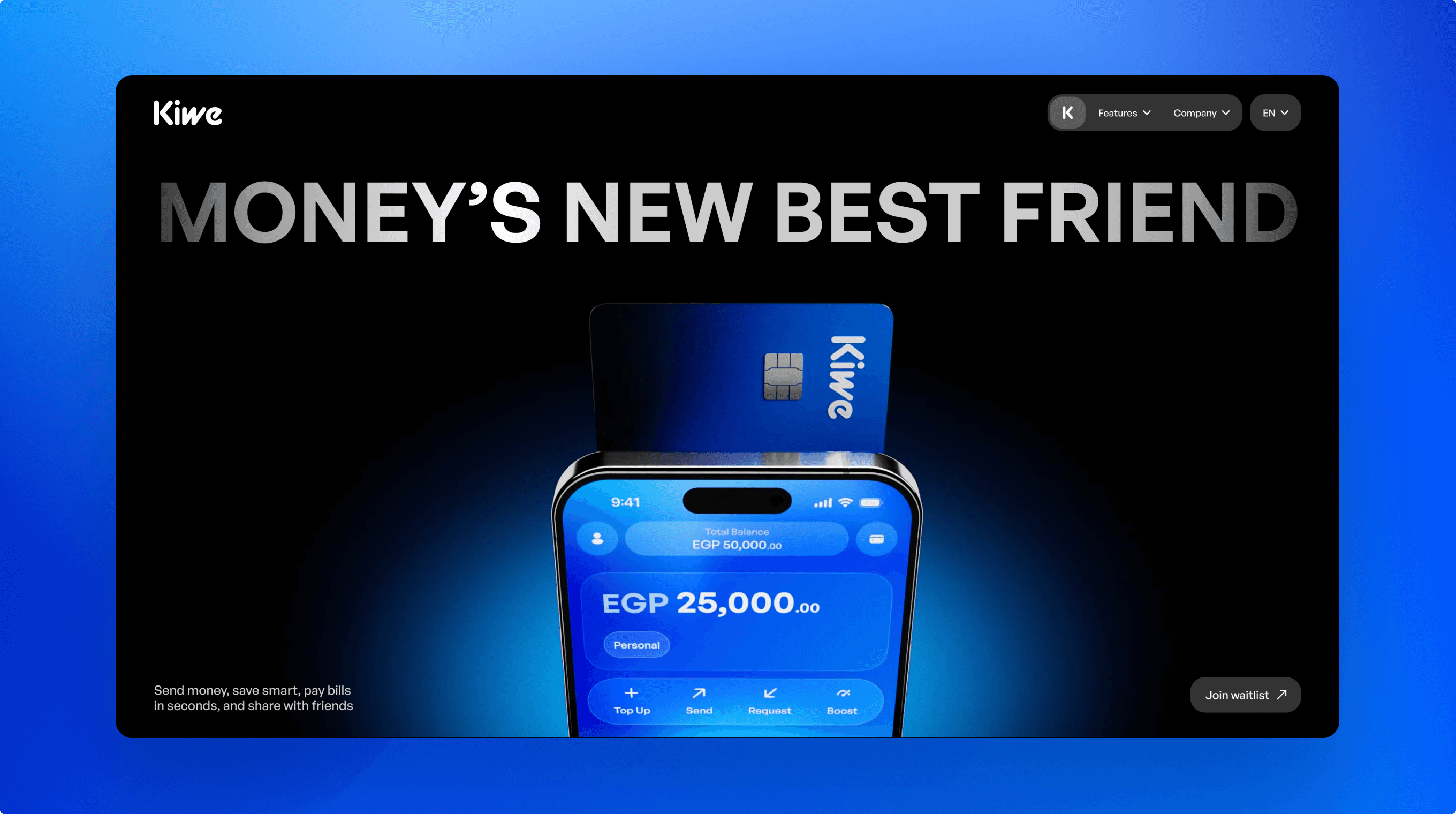 Kiwe Bank app hero screen — "Money's New Best Friend" with mobile and card mockup