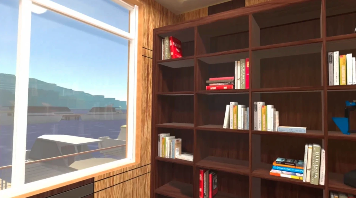 This image shows a serene and immersive virtual environment, part of a VR education experience. The virtual room features a bookshelf filled with various books, symbolizing the rich learning resources available in virtual reality education settings. The large window reveals a beautiful waterfront view, adding to the sense of immersion that makes Virtual Reality education experiences unique and engaging. This setting demonstrates how educational VR can create comfortable and interactive learning spaces, where users can access information and study materials in a fully immersive environment. The clean, organized virtual library reflects the potential of educational Virtual Reality to offer customized and visually appealing learning experiences for students, professionals, and educators alike. By providing an engaging and distraction-free learning atmosphere, this VR education environment represents a step forward in the future of learning and interactive content delivery."  This alt tag effectively incorporates the main keyword "VR education" and relevant LSI keywords, providing a detailed and relevant explanation of the image content.