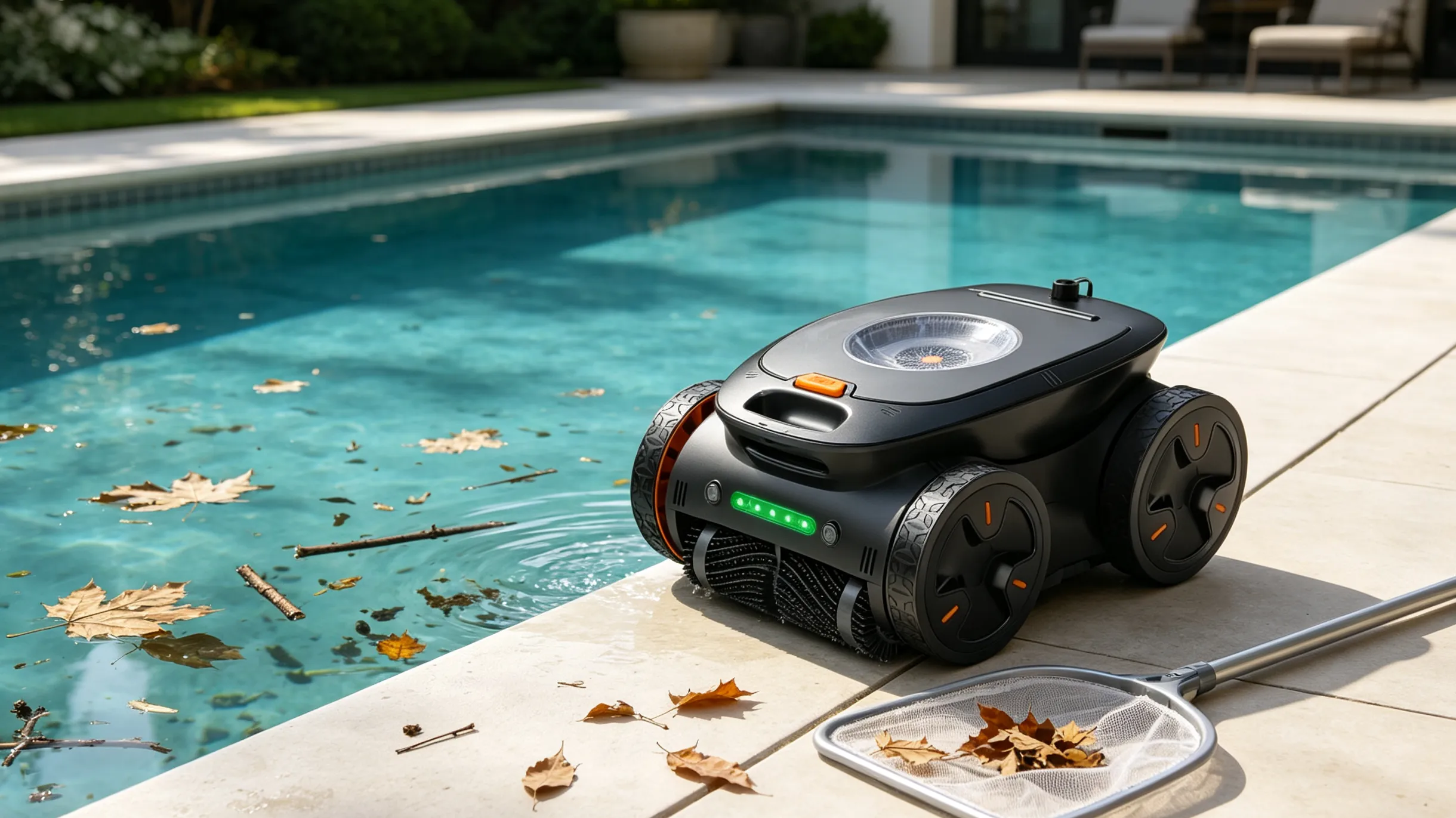 Large leaves and debris that may require manual removal before robotic cleaning