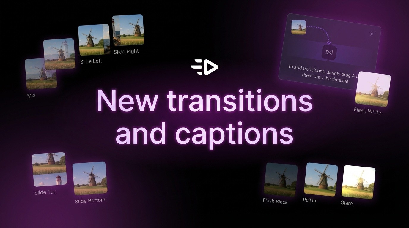 New transitions and captions - title with Creatify Editor interface elements floating around