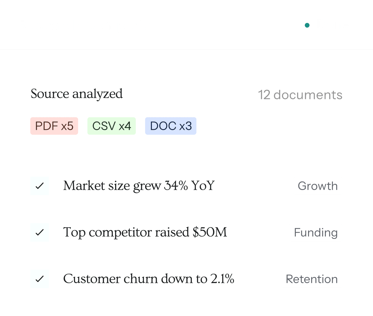AI automation dashboard showing research analysis, document processing, and key insights summary in a clean UI.