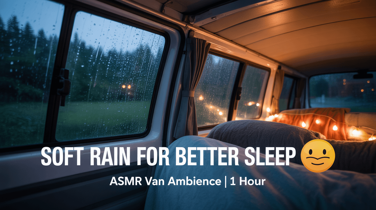 Cozy van interior with rain on windows and Soft Rain for Better Sleep text