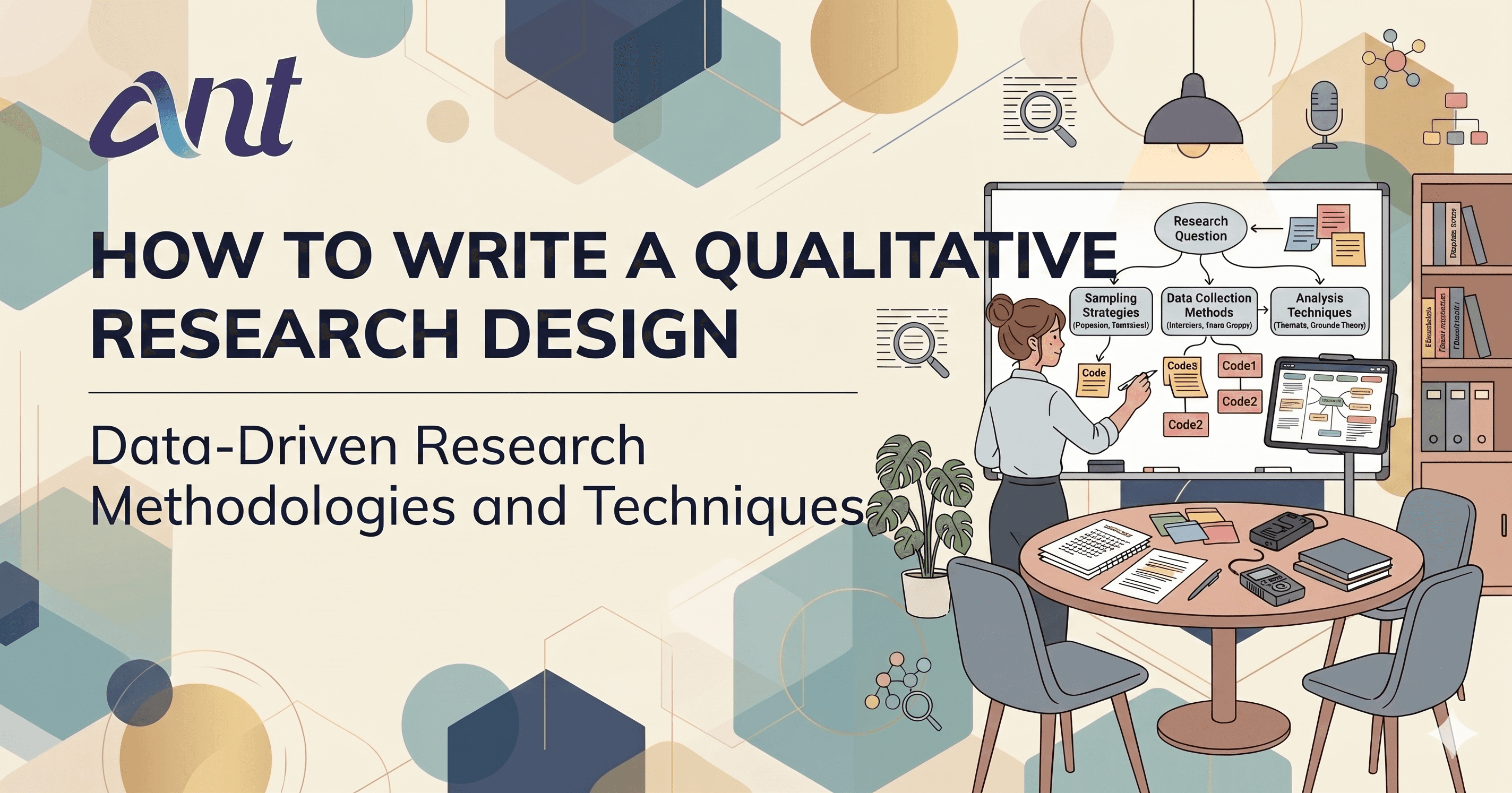 alt="Infographic illustrating how to write a qualitative research design with a researcher using a data-driven methodologies flowchart. The diagram details Research Question, Sampling Strategies, Data Collection Methods, and Analysis Techniques."