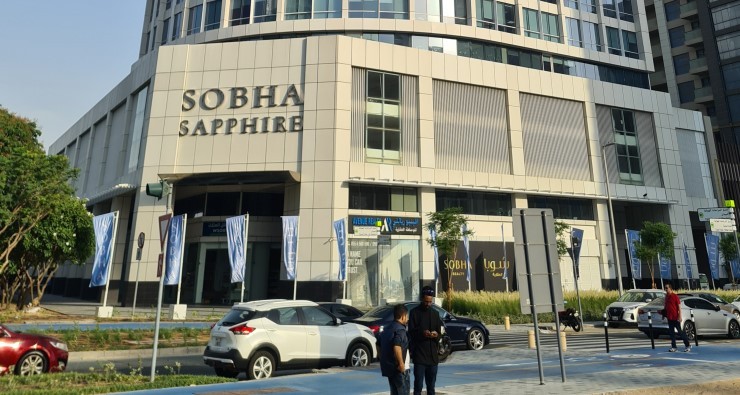 Sobha Sapphire entrance and street view, luxury commercial property available through expert real estate services.