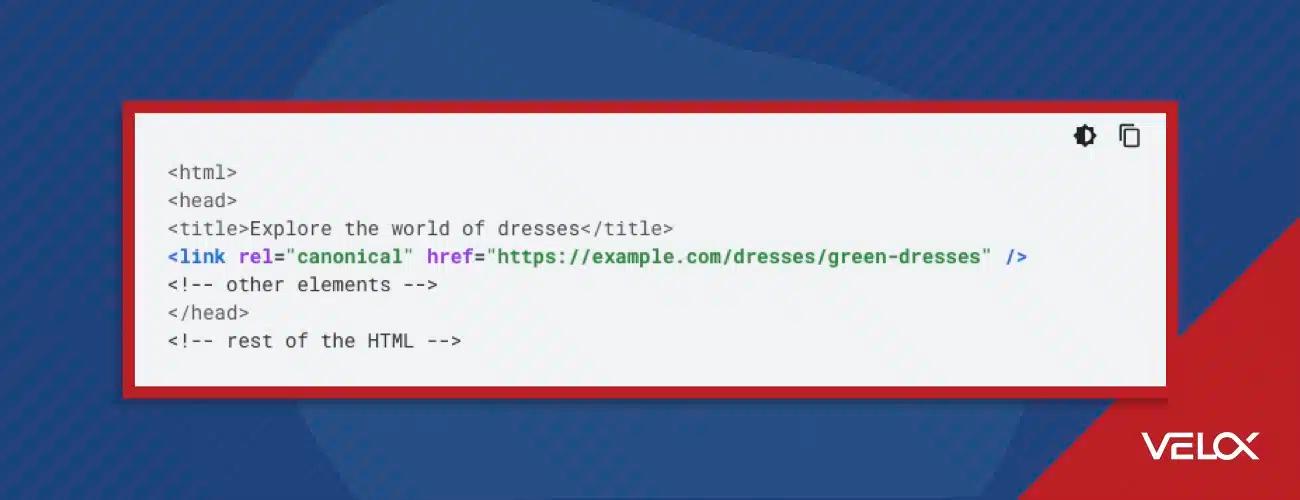 A graphic showing how to implement a canonical meta tag inside HTML