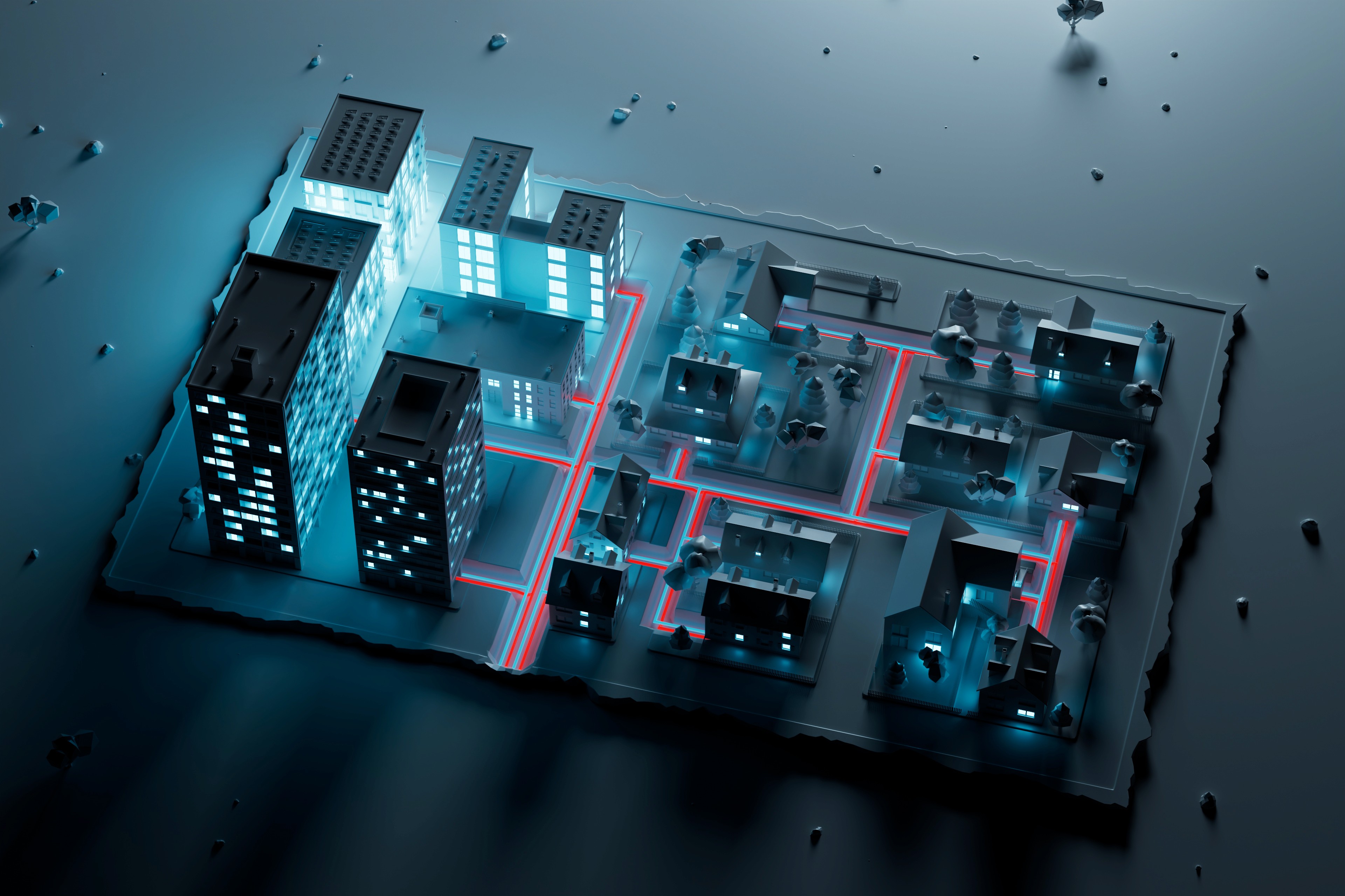 Fotorealistisches 3D-Rendering einer leuchtenden Miniaturstadt mit transparenten Gebäudestrukturen und blauem Lichtschein