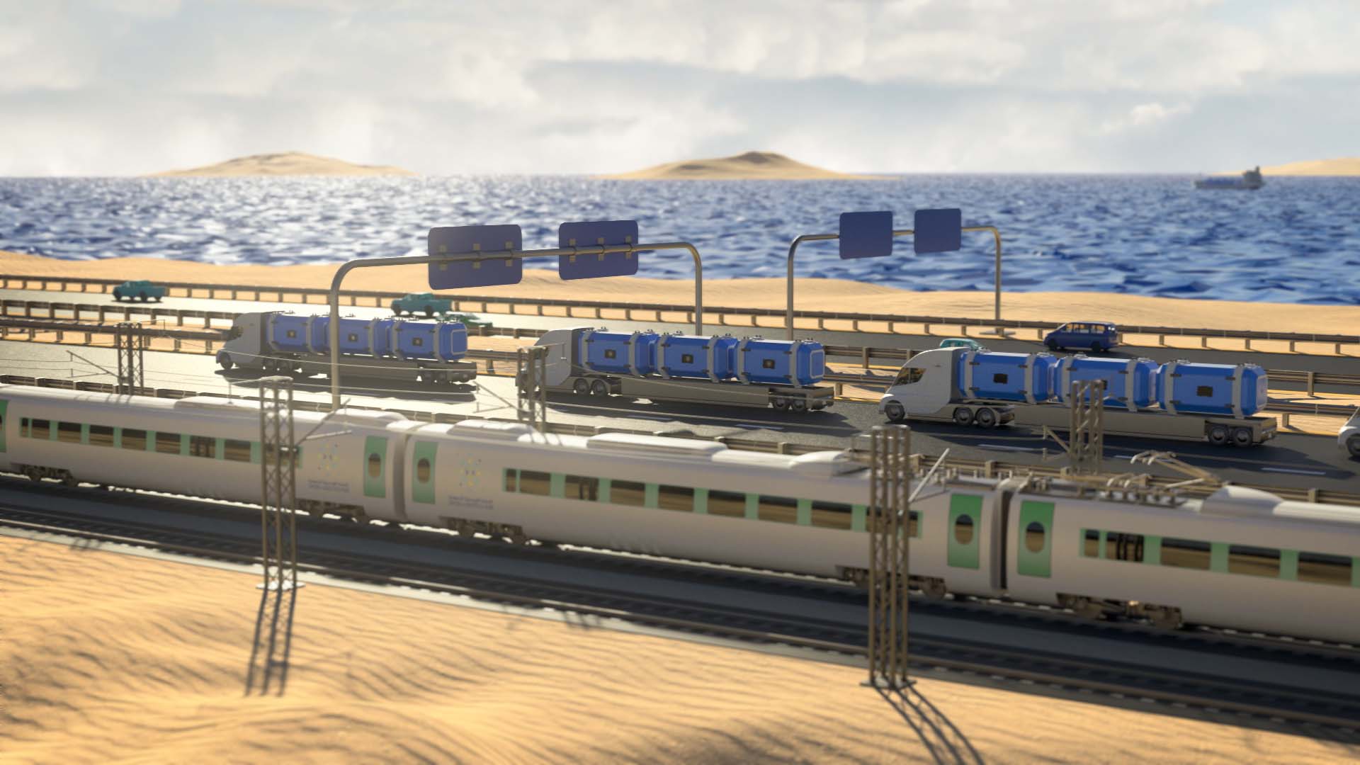 3D model animated freight train carrying ship containers