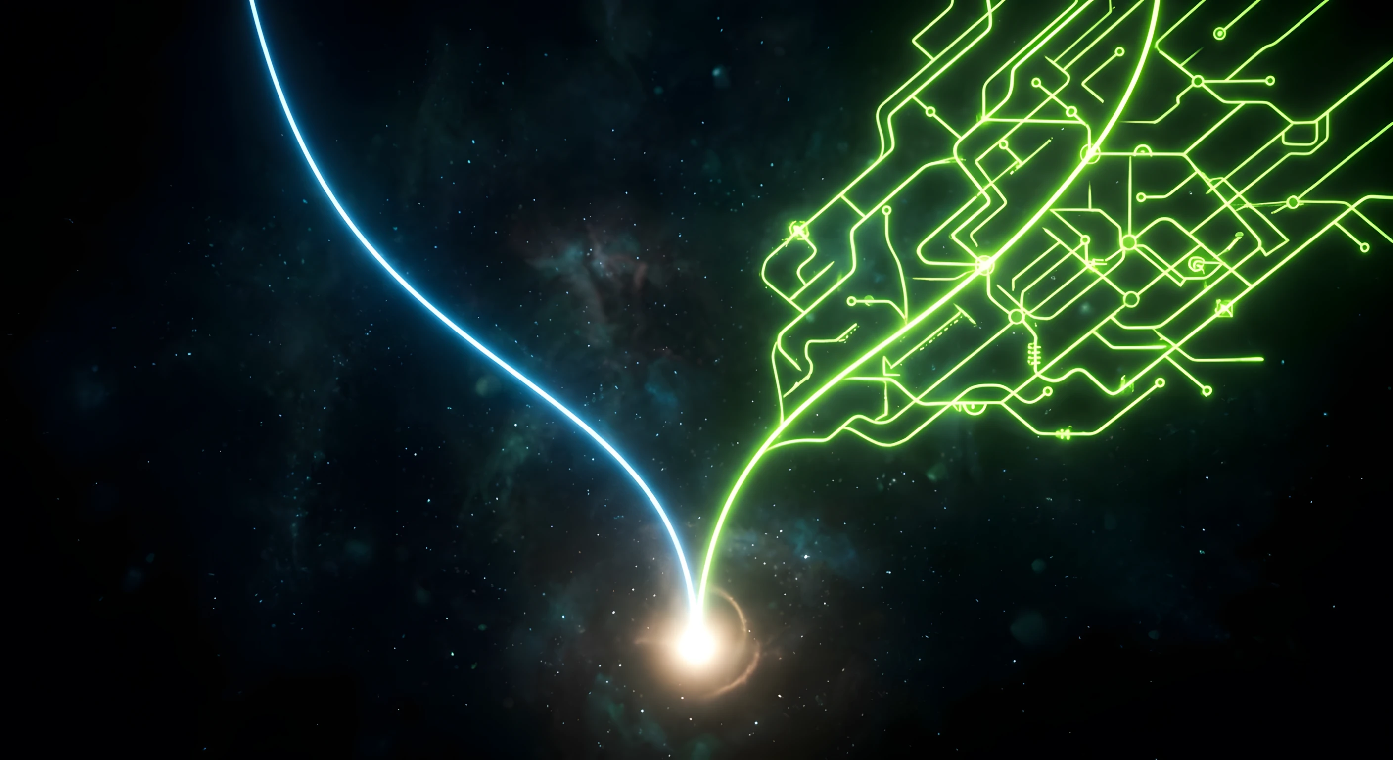 Decision tree for choosing between Howler.js and Tone.js — two divergent neon paths branching from a single root point in dark space