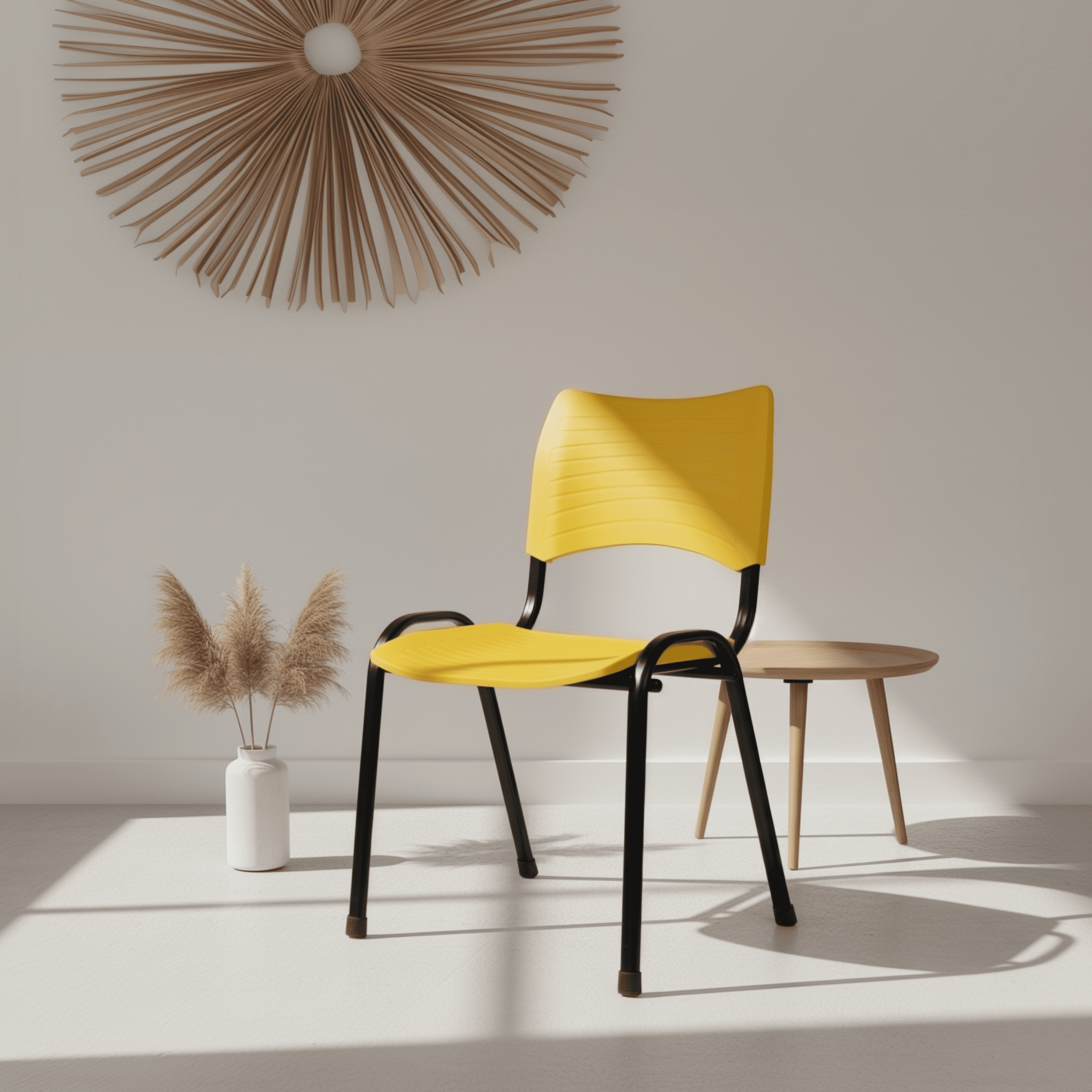 A bright yellow chair with a black frame, placed in a minimalist room with natural light and decor elements.