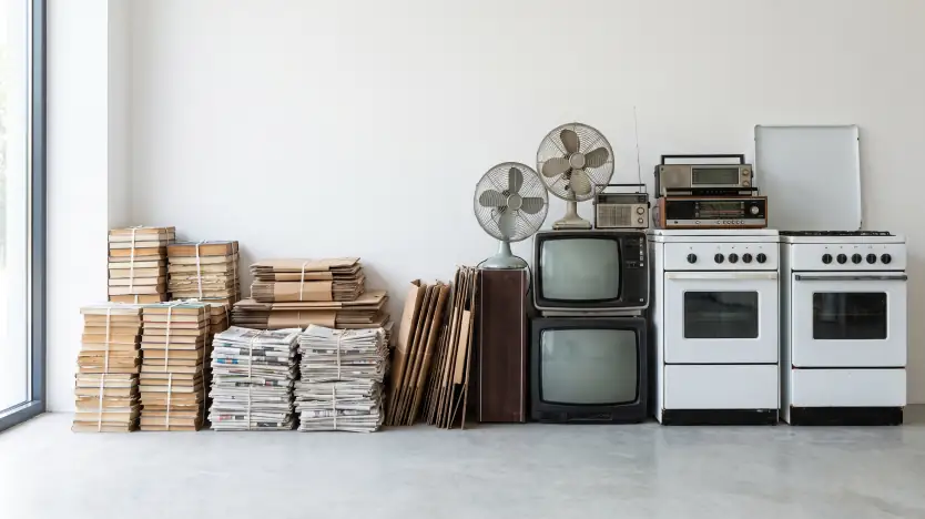 Fotografía de material de reciclaje clasificado, mostrando rumas de papel de archivo, cajas de cartón y aparatos electrónicos viejos.