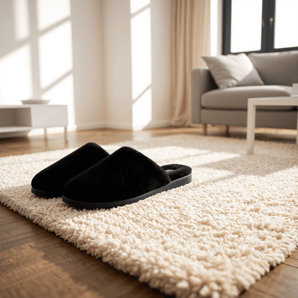 product photography of a pair of indoor slippers designed for comfort and ease of wear