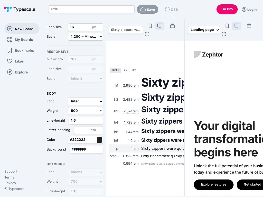 The image depicts a digital interface for adjusting typography settings, showcasing font size, weight, line height, and color options, with a real-time preview of text on the right side; perfect for designers focusing on typescale and typography.