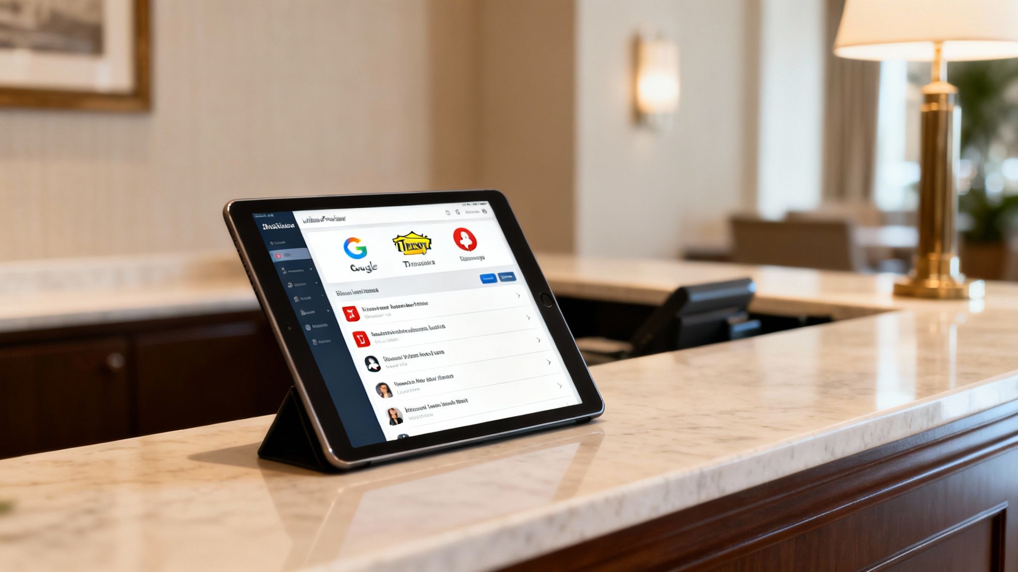 A tablet on a marble counter in a modern hotel lobby, displaying a list of apps and contacts.