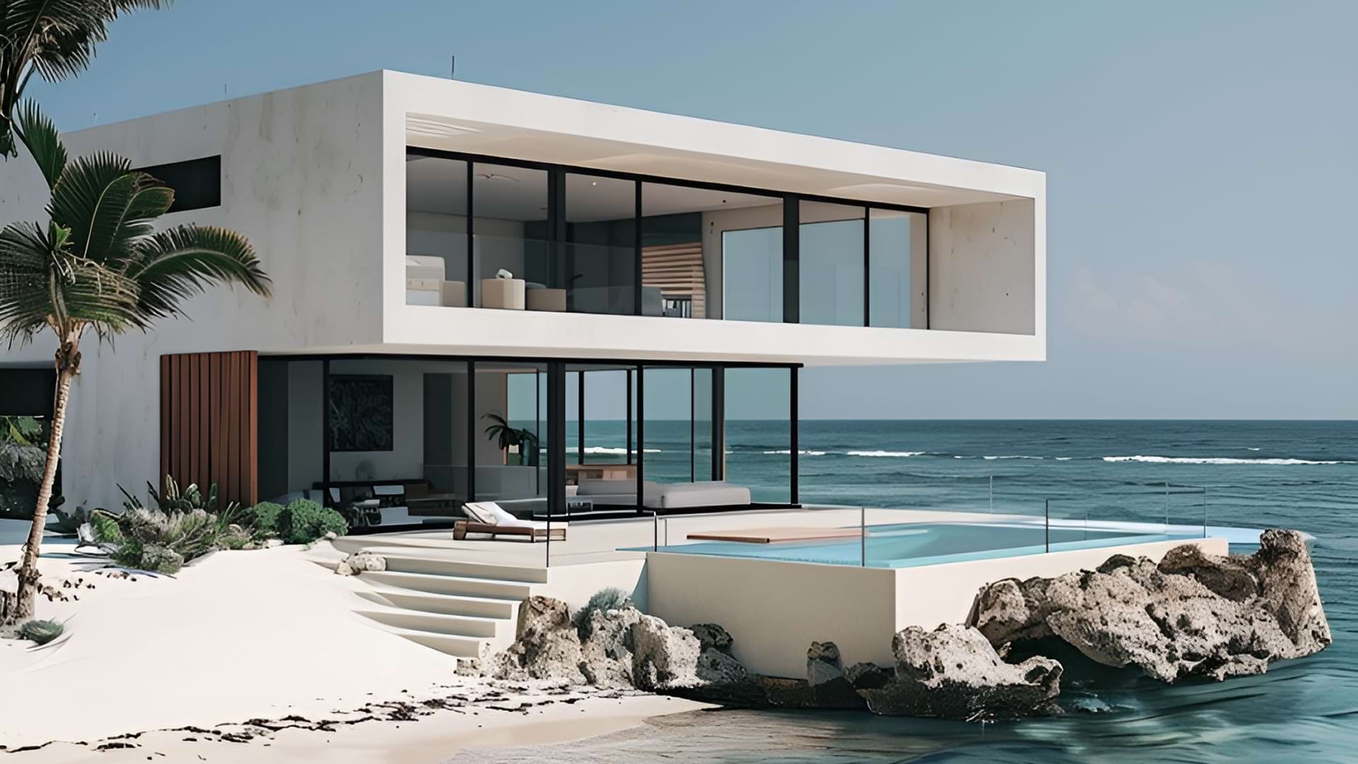 Modern beachfront villa with floor-to-ceiling windows overlooking the ocean. Features a pool, palm trees, and a sleek, minimalist design. Calm and luxurious.