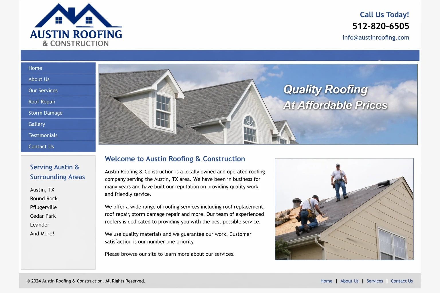 Example of an outdated roofing company website before redesign