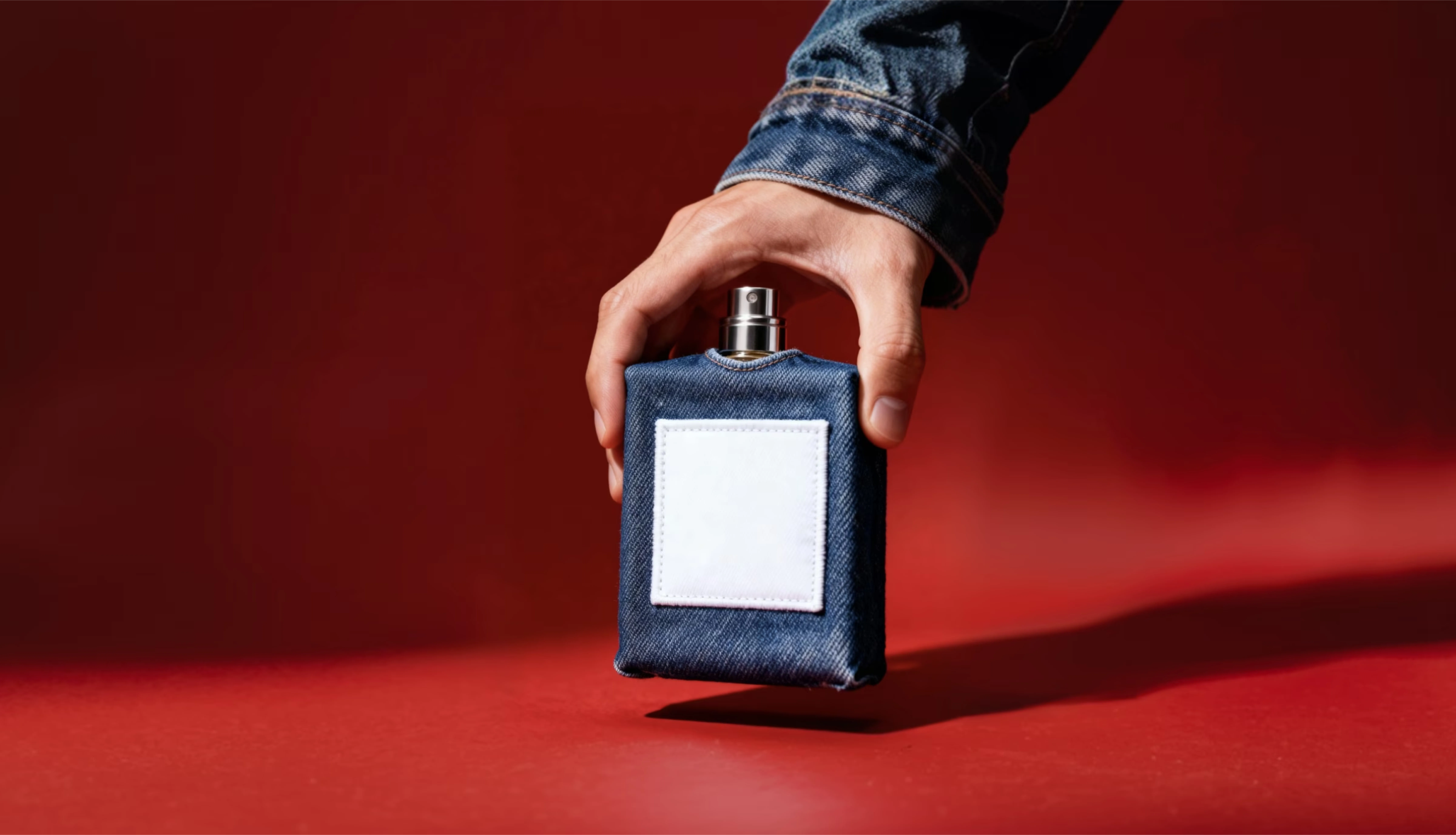 Denim-wrapped cologne bottle held by hand