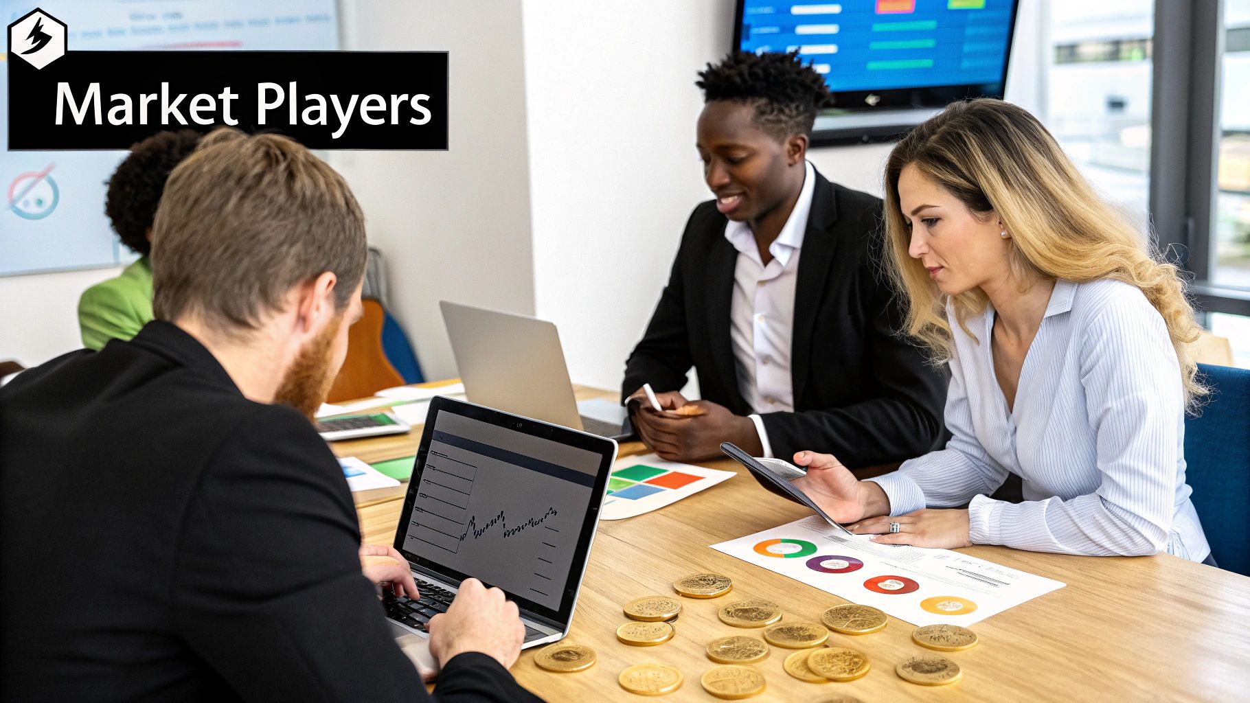A diverse group of individuals looking at financial charts on multiple screens, representing the various players in the spot crypto market.