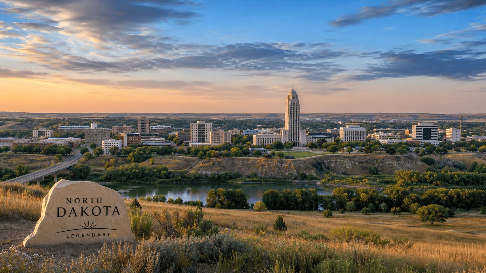 Bismarck skyline with state capitol tower and open landscape