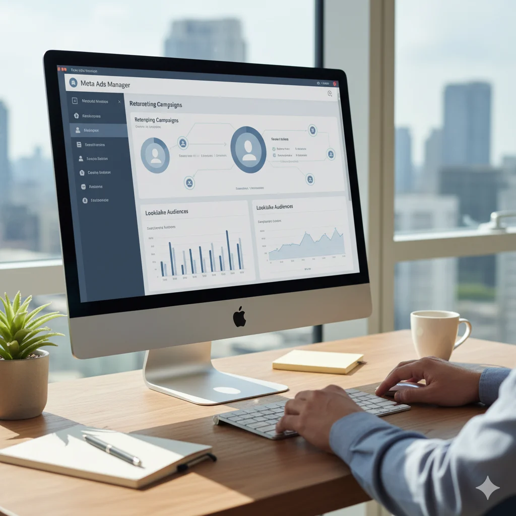 Digital marketer managing Meta Ads campaign on desktop – RJP.design Web Design Agency NYC specializing in social media marketing and ad performance optimization.