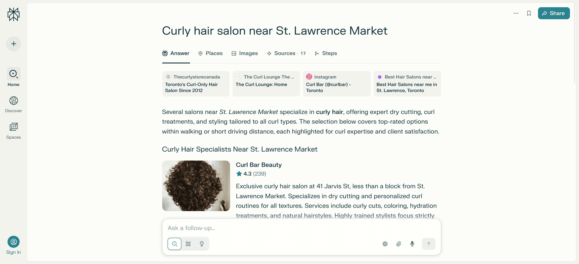 Perplexity AI results page for Curly hair salon local intent prompt showing salon client business information as top recommendation