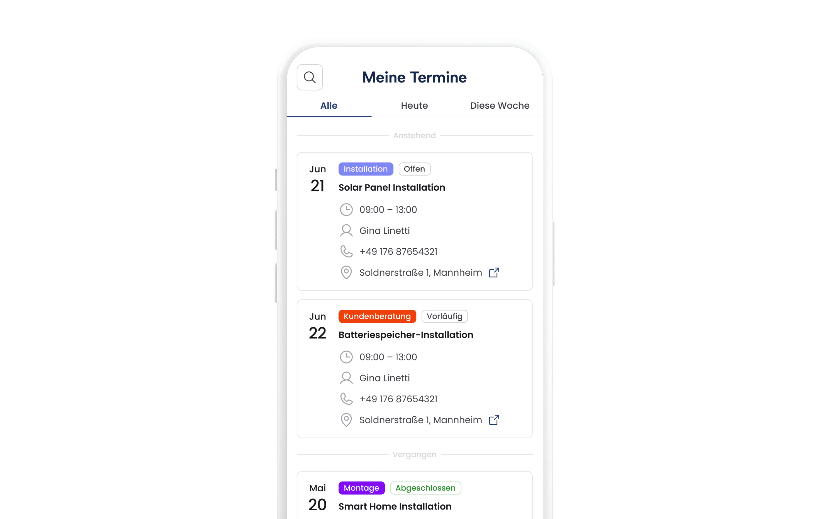 Photovate Mobile App: Monteur-Ansicht mit Terminübersicht und Einsatzdetails für PV-Installationen.
