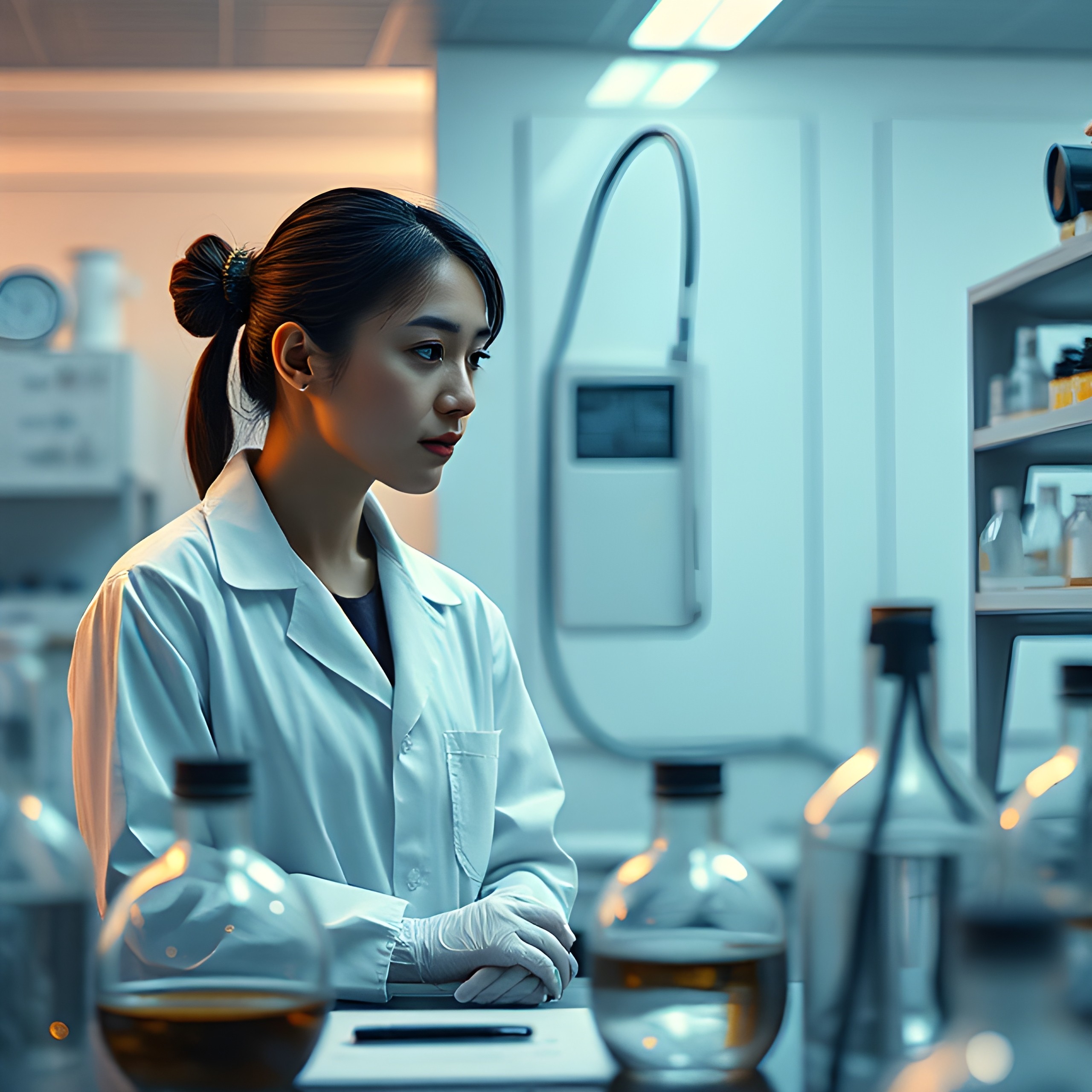 A woman in a lab coat examines an object with a focused expression in a laboratory setting.