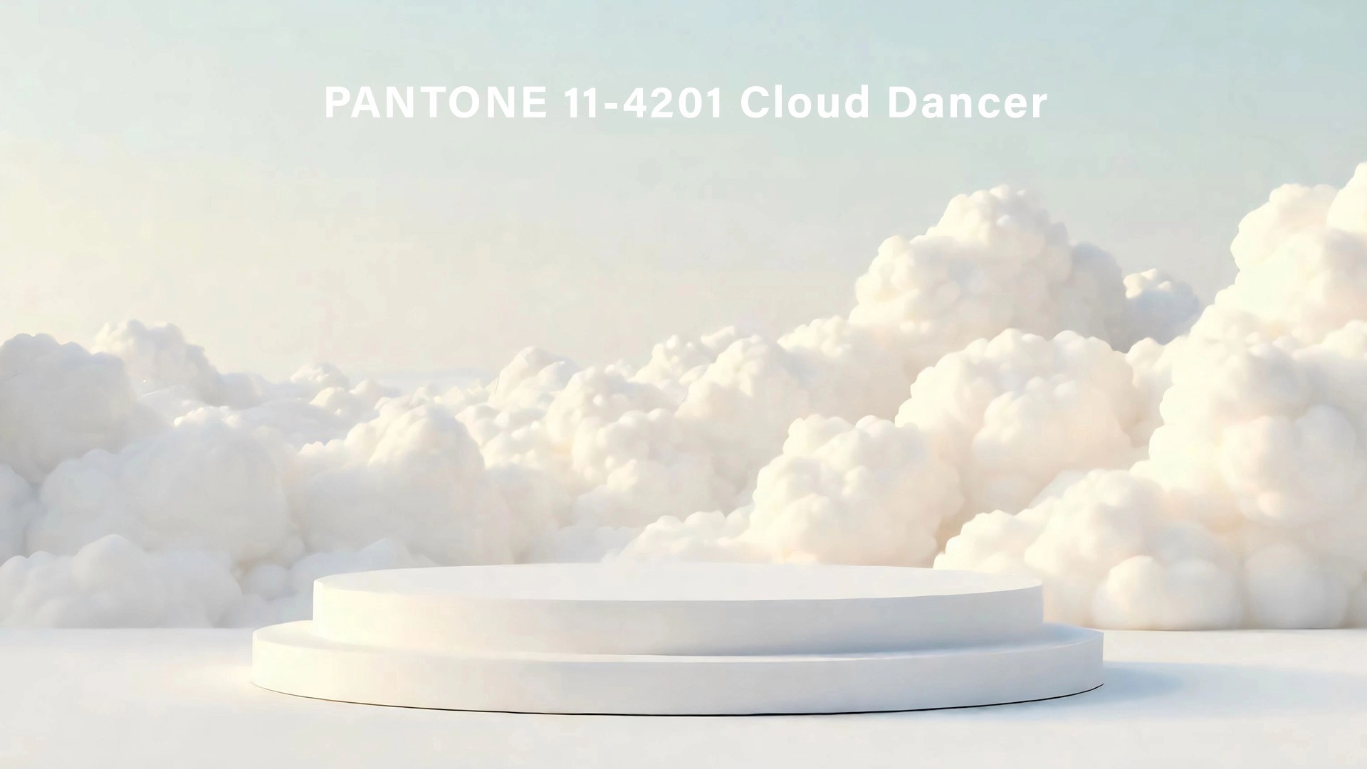 A serene landscape features a minimalist white platform set against a backdrop of fluffy, cloud-like formations under a pale blue sky, showcasing Pantone Color of the Year 2026, Cloud Dancer.