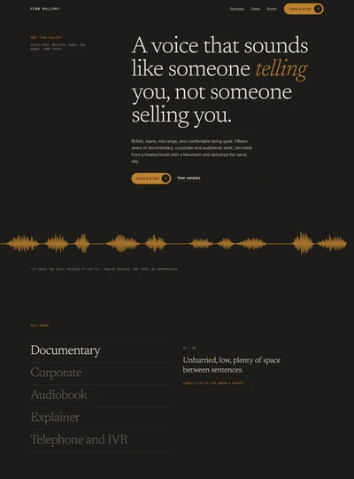 Voice over artist website built with AI showing a serif statement hero, an ochre spoken waveform across the page and a list of read styles