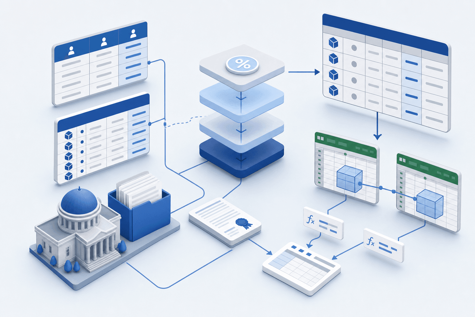 Professional isometric illustration of government contract pricing workflow, showing interconnected elements: labor category tables with rate columns, CLIN contract line items organized in a structured grid, indirect rate calculation layers flowing vertically, and Microsoft Excel spreadsheets with formula connections, all rendered in a clean modern business style with blue and gray tones, no text or letters
