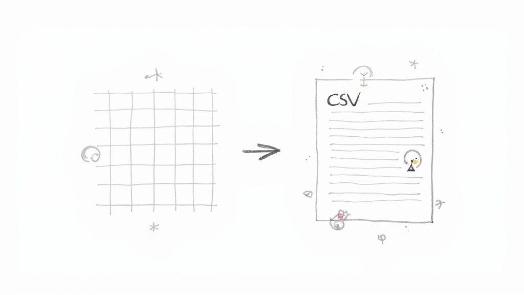 Hand-drawn image showing a grid converting into a CSV document, symbolizing data export.