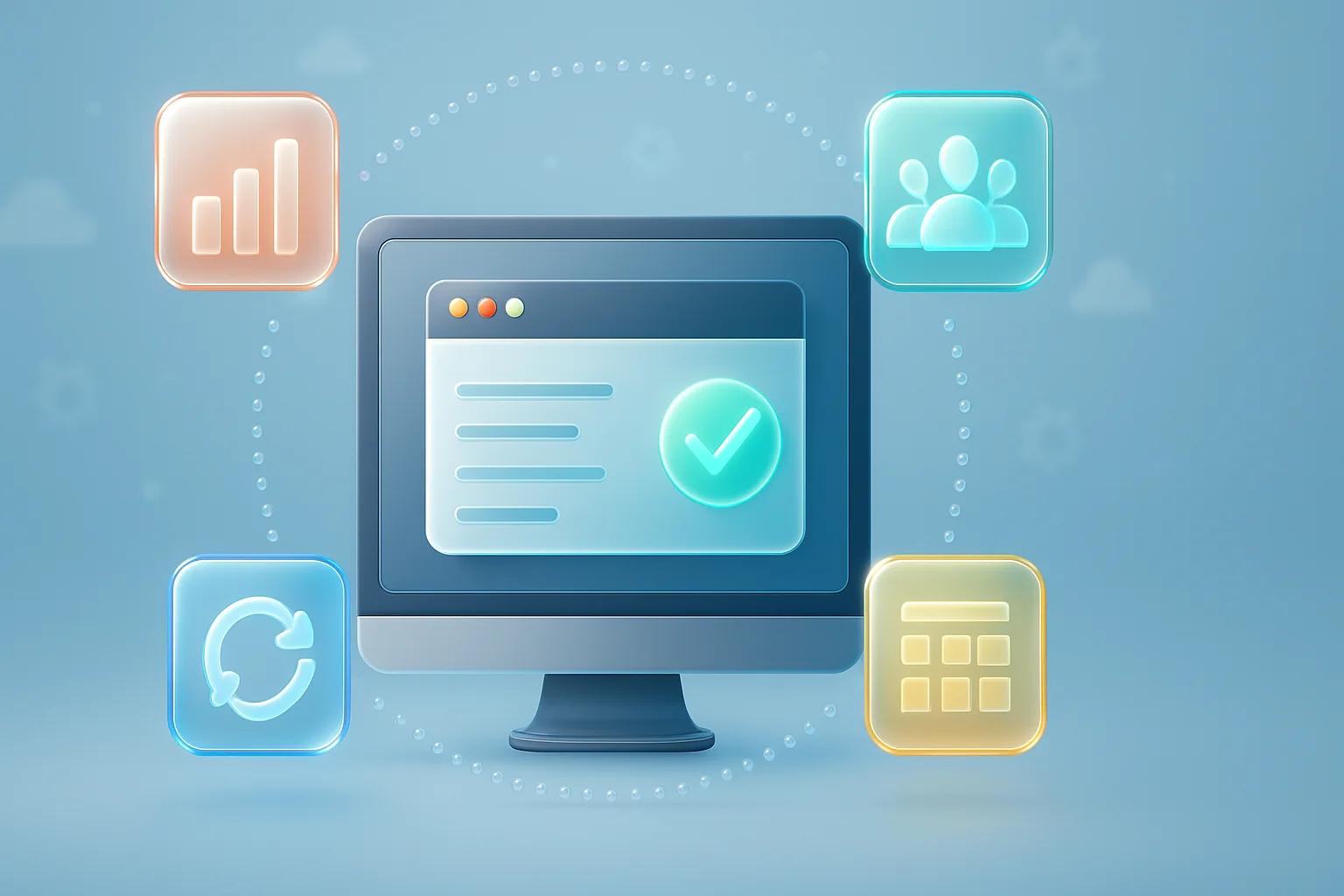 A modern glass-style illustration of a computer monitor connected to four glowing, semi-transparent app icons representing analytics, teamwork, syncing, and scheduling, symbolizing seamless digital integration on a blue gradient background.