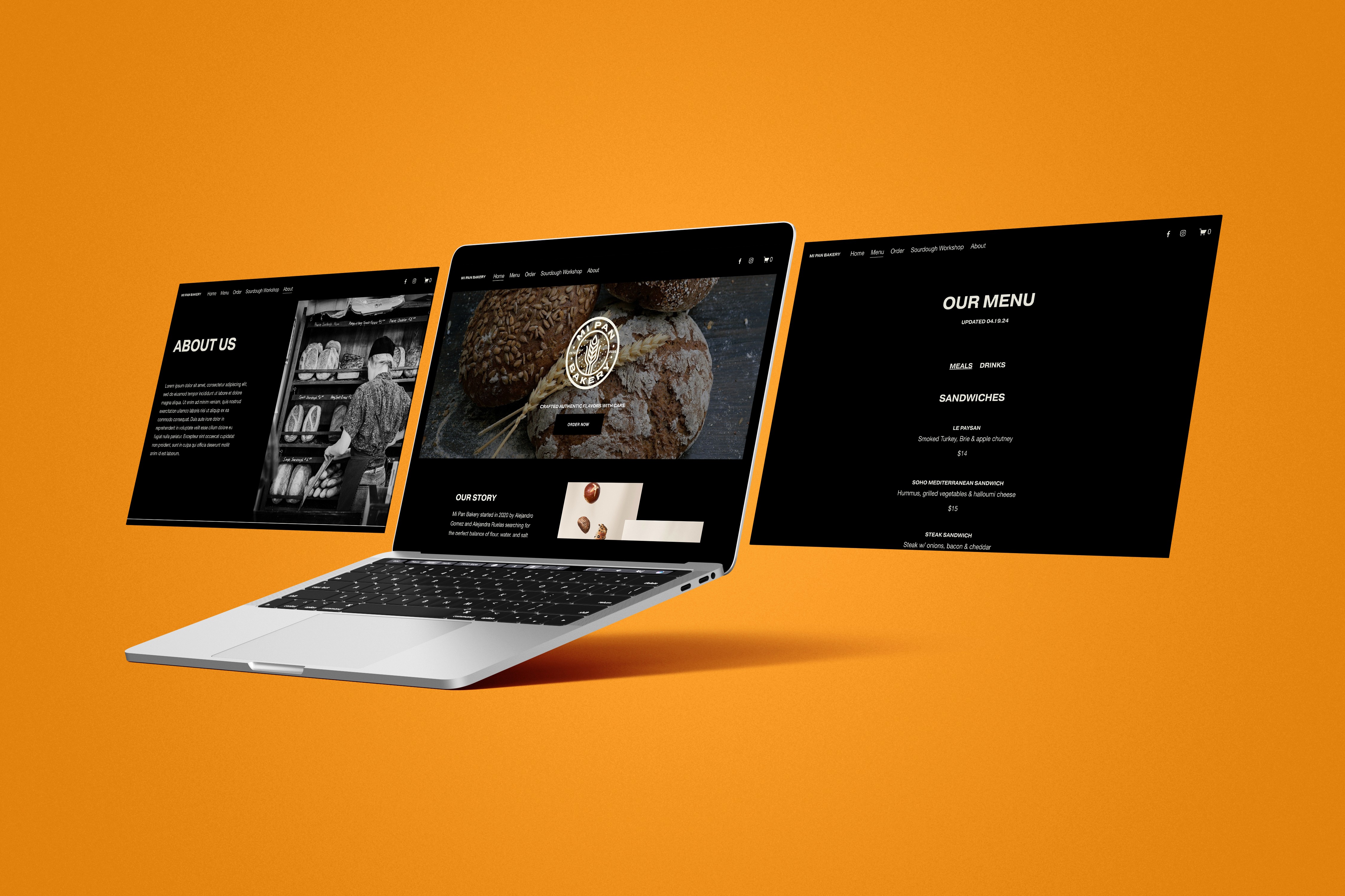 Mi Pan Bakery website design displayed on laptop and screens