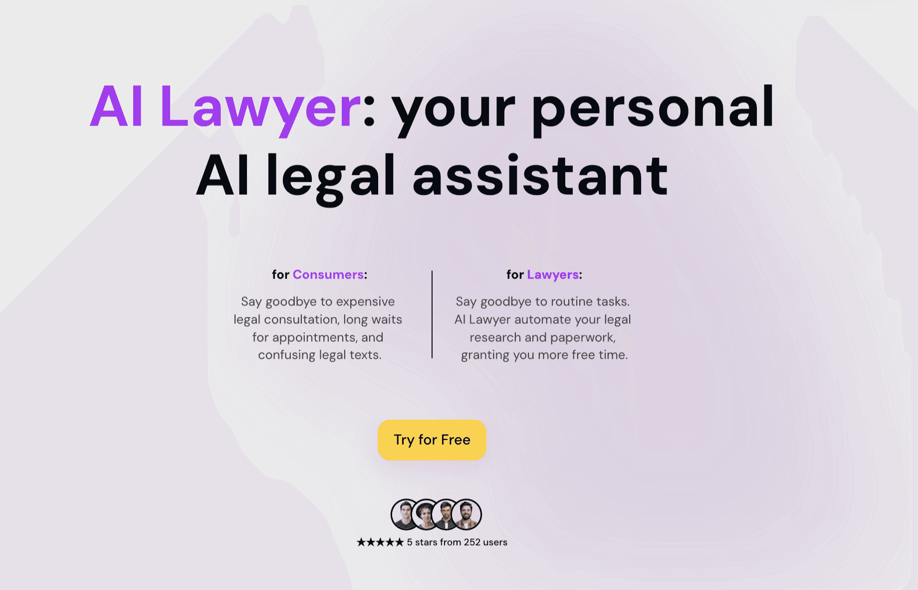 Promotional web page for "AI Lawyer," an artificial intelligence legal assistant offering services for consumers and lawyers with a 'Try for Free' button and a five-star rating from 252 users.