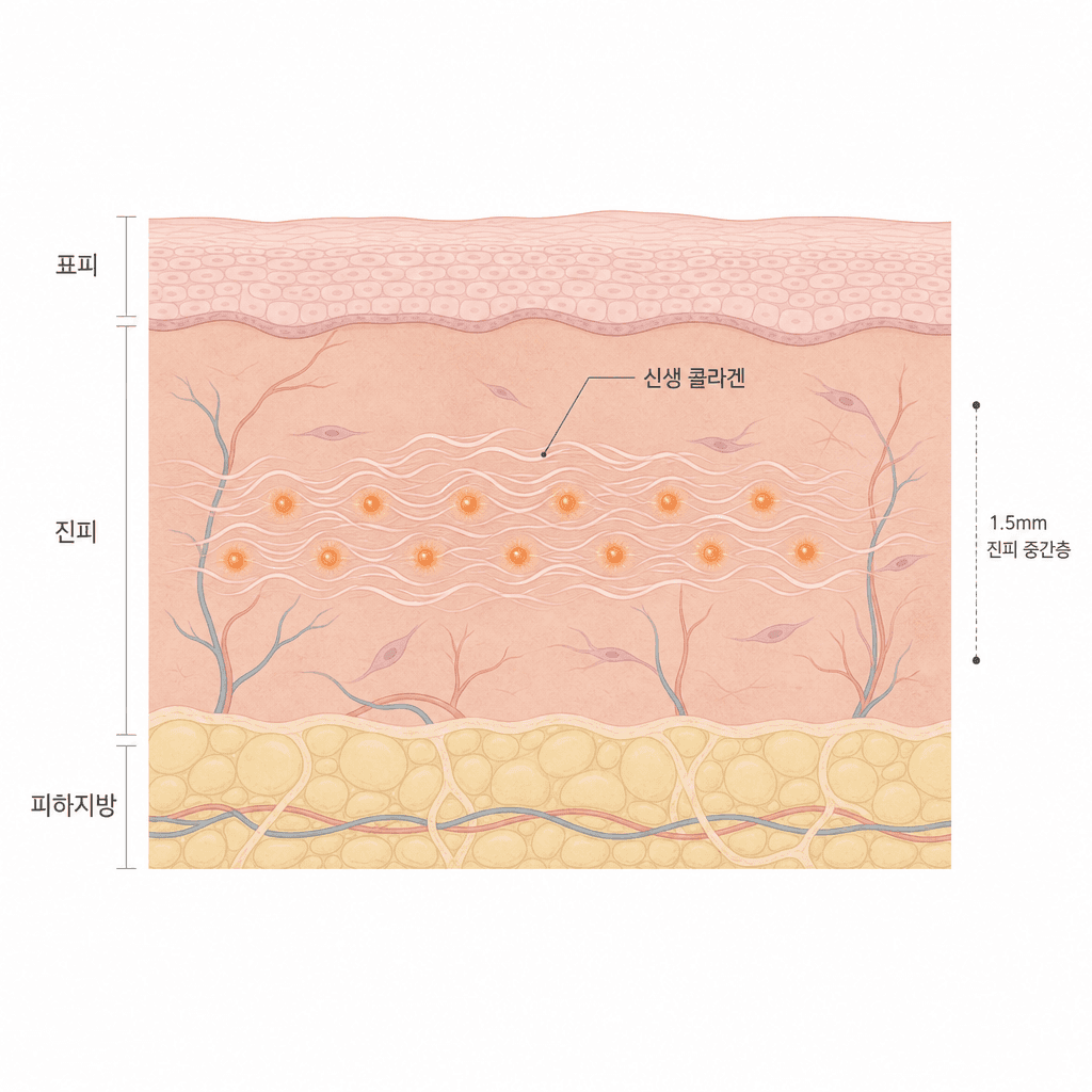 진피 중간층에 모인 초음파 열점과 그 둘레로 차오르는 신생 콜라겐