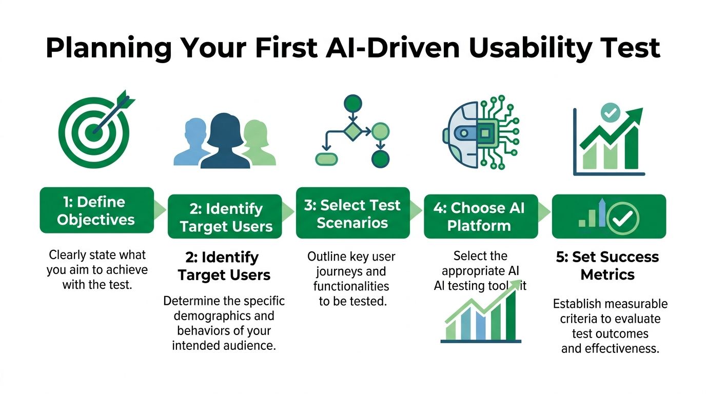 A five-step infographic showing the process for planning an AI-driven usability test for your website or product.