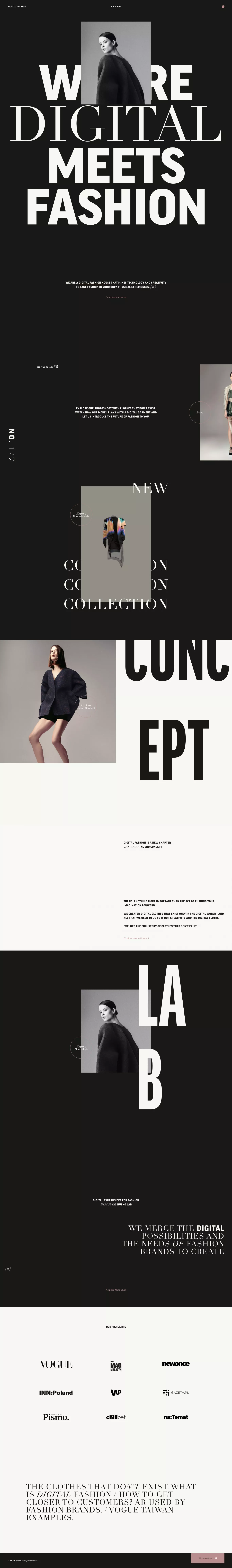 NUENO â digital fashion portfolio page screenshot showcasing Design and Tech design