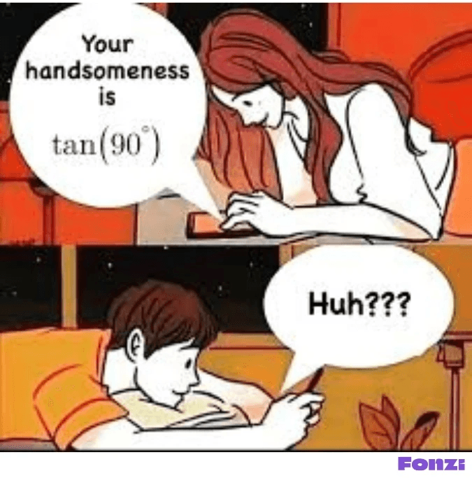 Cartoon meme featuring a math pun about tan(90°) and handsomeness.