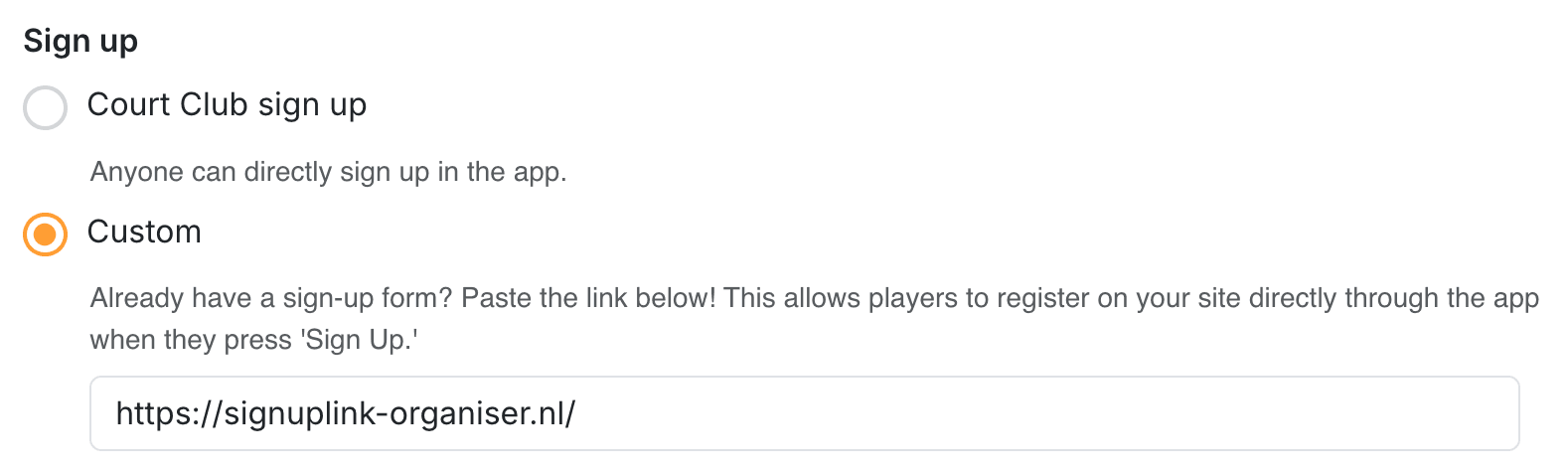 Sign-up option: custom sign-up link